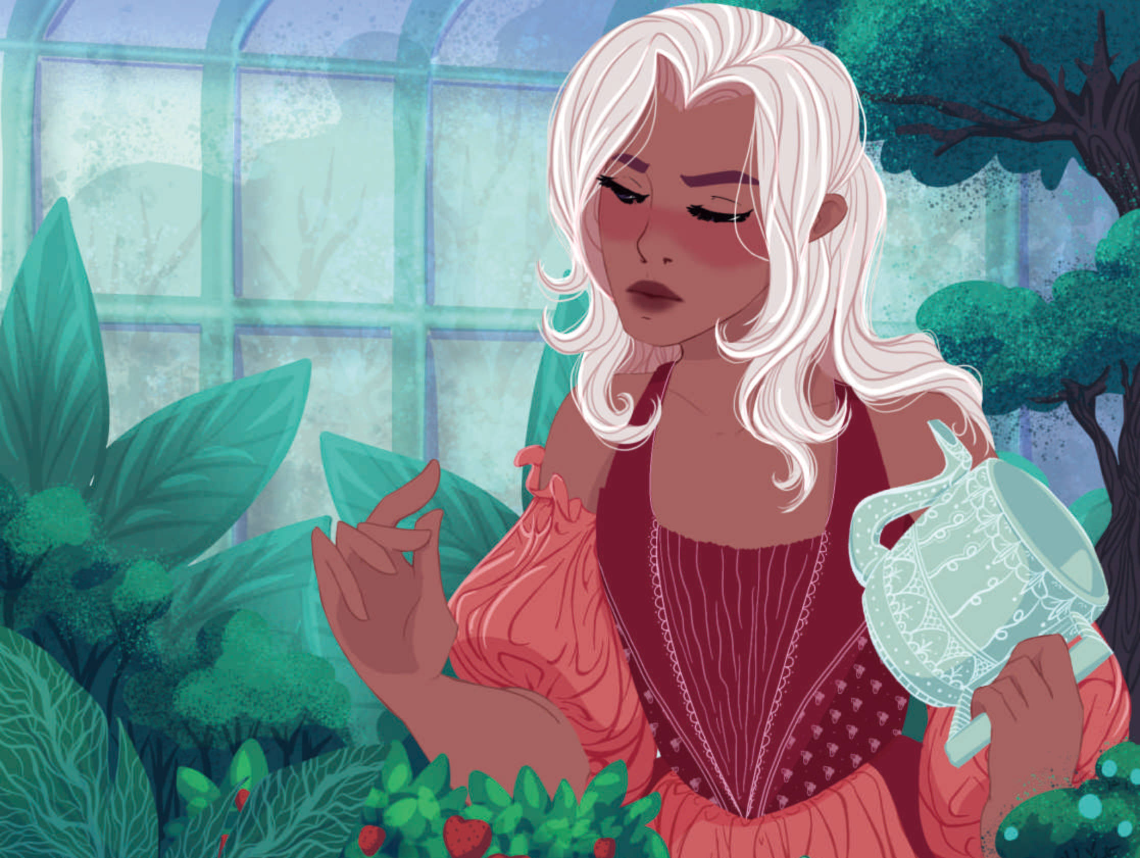 Garden Fairy illustration by Luca James, large banner for front page website. Pink dress, white hair gardener, strawberry gardener, crystal water pitcher. greenhouse