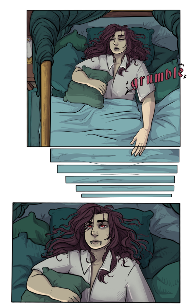 first page of the VS short comic I finished at the end of 2023. It depicts a ginger vampire waking up in a cerulean bed