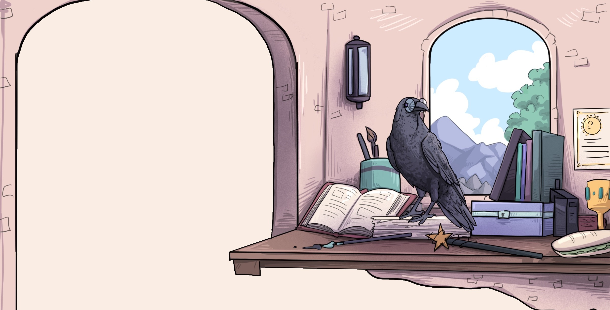 a raven with glasses sits at a cluttered desk, looking out an open window. 